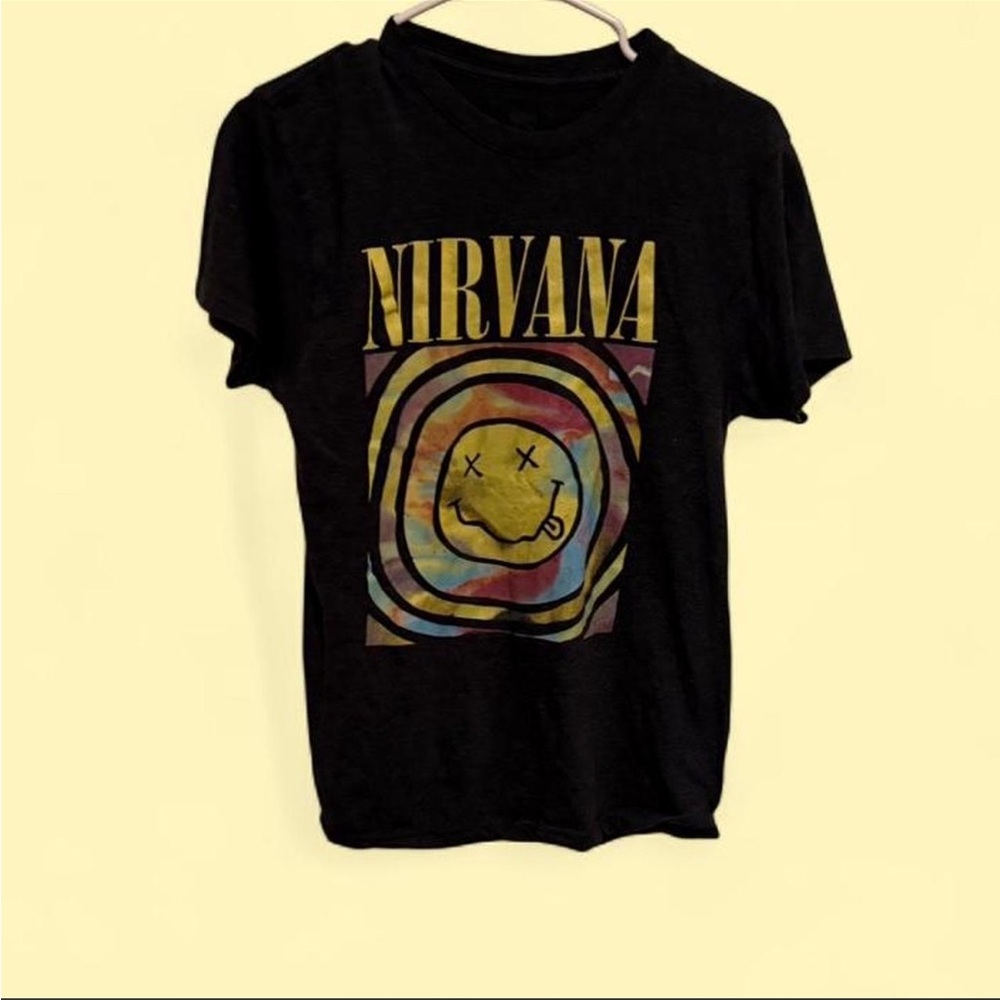 NIRVANA Black Tee with Yellow & Multicolor Tie-Dye Smiley